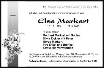 Traueranzeige von Else Markert von Südthüringer Presse