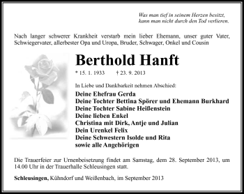 Traueranzeige von Berthold Hanft von Südthüringer Presse