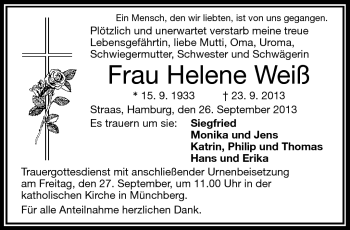 Traueranzeige von Helene Weiß von Frankenpost