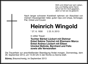 Traueranzeige von Heinrich Wingold von Südthüringer Presse
