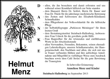 Traueranzeige von Helmut Menz von Südthüringer Presse