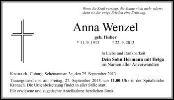 Traueranzeige von Anna Wenzel von Neue Presse Coburg
