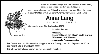 Traueranzeige von Anna Lang von Frankenpost