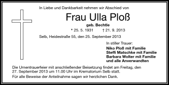 Traueranzeige von Ulla Ploß von Frankenpost