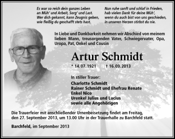 Traueranzeige von Artur Schmidt von Südthüringer Presse