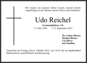 Traueranzeige von Udo Reichel von Frankenpost