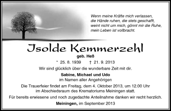 Traueranzeige von Isolde Kemmerzehl von Südthüringer Presse