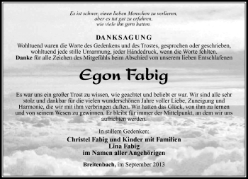 Traueranzeige von Egon Fabig von Südthüringer Presse