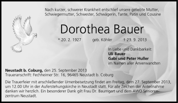 Traueranzeige von Dorothea Bauer von Neue Presse Coburg