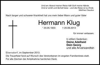 Traueranzeige von Hermann Klug von Neue Presse Coburg