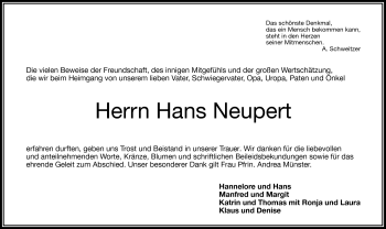 Traueranzeige von Hans Neupert von Frankenpost