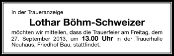 Traueranzeige von Lothar Böhm-Schweizer von Südthüringer Presse