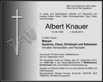 Traueranzeige von Albert Knauer von Neue Presse Coburg