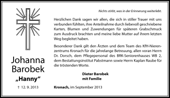 Traueranzeige von Johanna Barobek von Neue Presse Coburg
