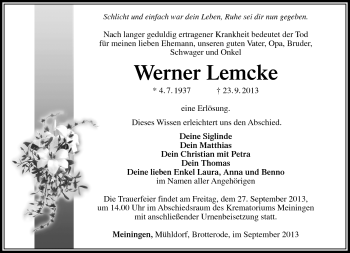 Traueranzeige von Werner Lemke von Südthüringer Presse