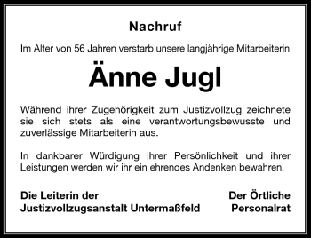 Traueranzeige von Änne Jugl von Südthüringer Presse