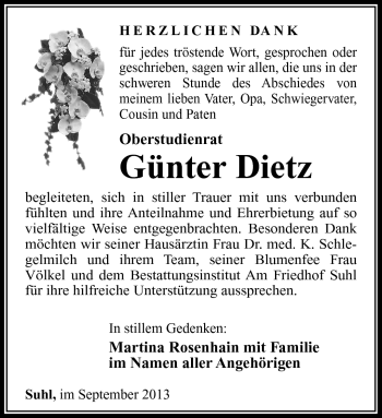 Traueranzeige von Günter Dietz von Südthüringer Presse