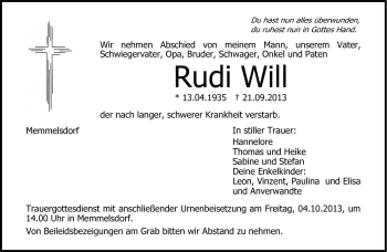 Traueranzeige von Rudi Will von Neue Presse Coburg