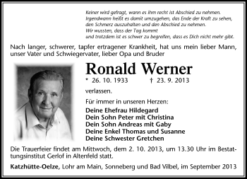 Traueranzeige von Ronald Werner von Südthüringer Presse