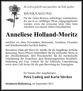 Traueranzeige von Anneliese Holland-Moritz von Südthüringer Presse