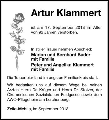 Traueranzeige von Artur Klammert von Südthüringer Presse