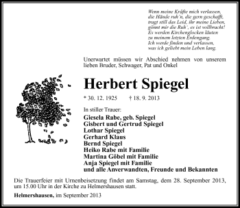 Traueranzeige von Herbert Spiegel von Südthüringer Presse