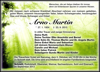 Traueranzeige von Arno Martin von Südthüringer Presse