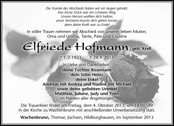 Traueranzeige von Elfriede Hofmann von Südthüringer Presse
