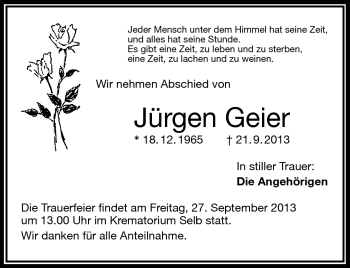 Traueranzeige von Jürgen Geier von Frankenpost
