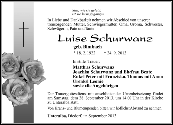 Traueranzeige von Luise Schurwanz von Südthüringer Presse