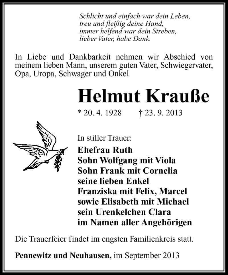 Traueranzeige für Helmut Krauße vom 27.09.2013 aus Südthüringer Presse