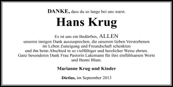 Traueranzeige von Hans Krug von Südthüringer Presse