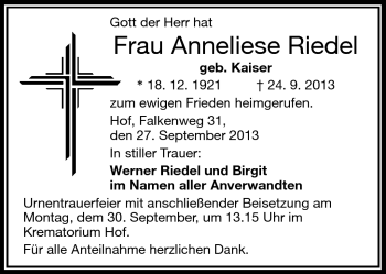 Traueranzeige von Anneliese Riedel von Frankenpost