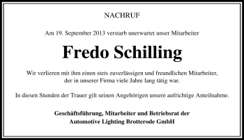 Traueranzeige von Fredo Schilling von Südthüringer Presse