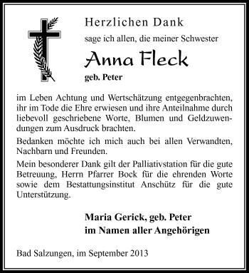 Traueranzeige von Anna Fleck von Südthüringer Presse