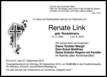 Traueranzeige von Renate Link von Neue Presse Coburg