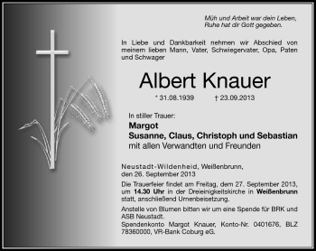Traueranzeige von Albert Knauer von Neue Presse Coburg