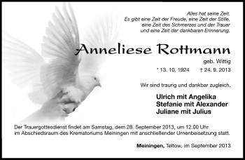 Traueranzeige von Anneliese Rottmann von Südthüringer Presse
