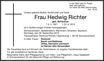Traueranzeige von Hedwig Richter von Frankenpost