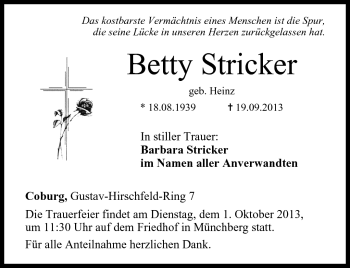 Traueranzeige von Betty Stricker von Neue Presse Coburg