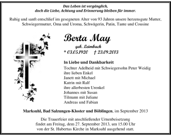 Traueranzeige von Berta May von Südthüringer Presse