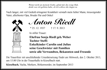 Traueranzeige von Anton Riedl von Südthüringer Presse