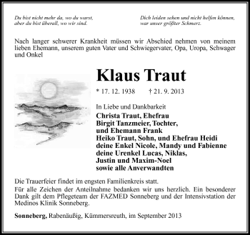 Traueranzeige von Klaus Traut von Südthüringer Presse