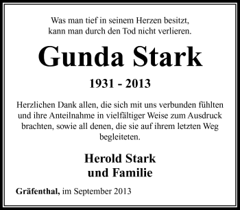 Traueranzeige von Gunda Stark von Südthüringer Presse