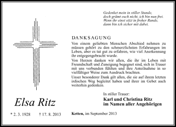 Traueranzeige von Elsa Ritz von Südthüringer Presse