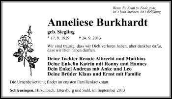 Traueranzeige von Anneliese Burkhardt von Südthüringer Presse