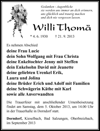 Traueranzeige von Willi Thomä von Südthüringer Presse