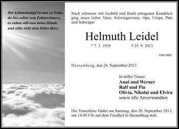Traueranzeige von Helmuth Leidel von Neue Presse Coburg