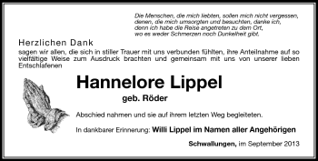 Traueranzeige von Hannelore Lippel von Südthüringer Presse