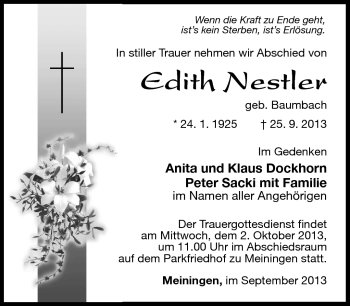 Traueranzeige von Edith Nestler von Südthüringer Presse
